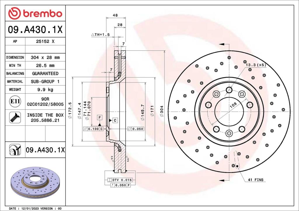 Disques de frein BREMBO ref. 09.A430.1X