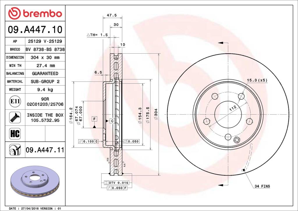 Disques de frein BREMBO 09.A447.11
