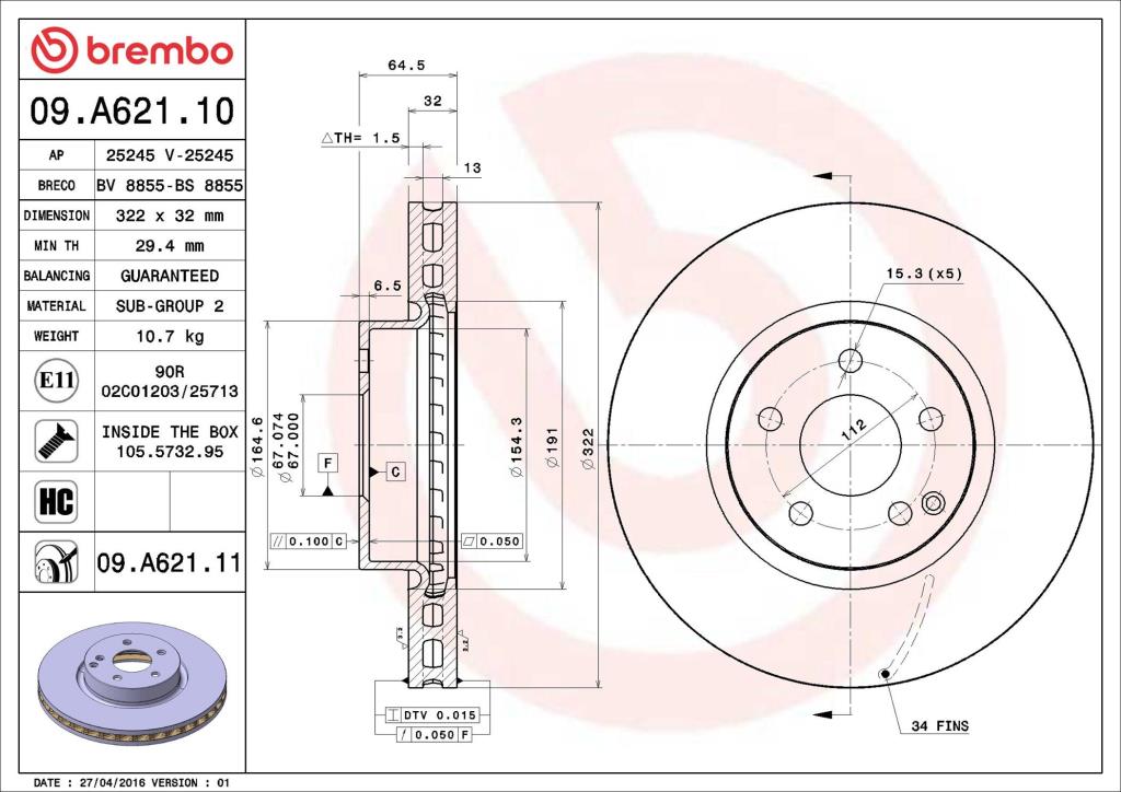 Discos de travão BREMBO ref. 09.A621.11