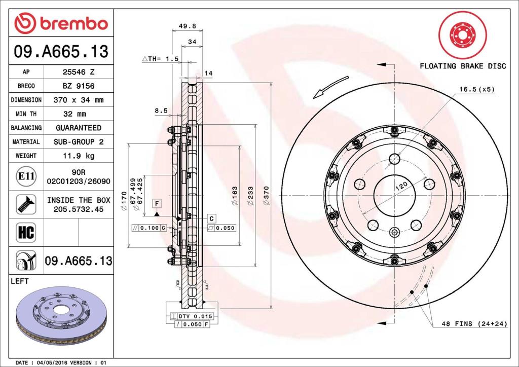 Disque de frein avant gauche BREMBO ref. 09.A665.13