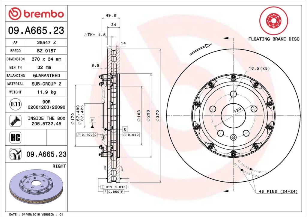 Disco de travão dianteiro direito BREMBO ref. 09.A665.23