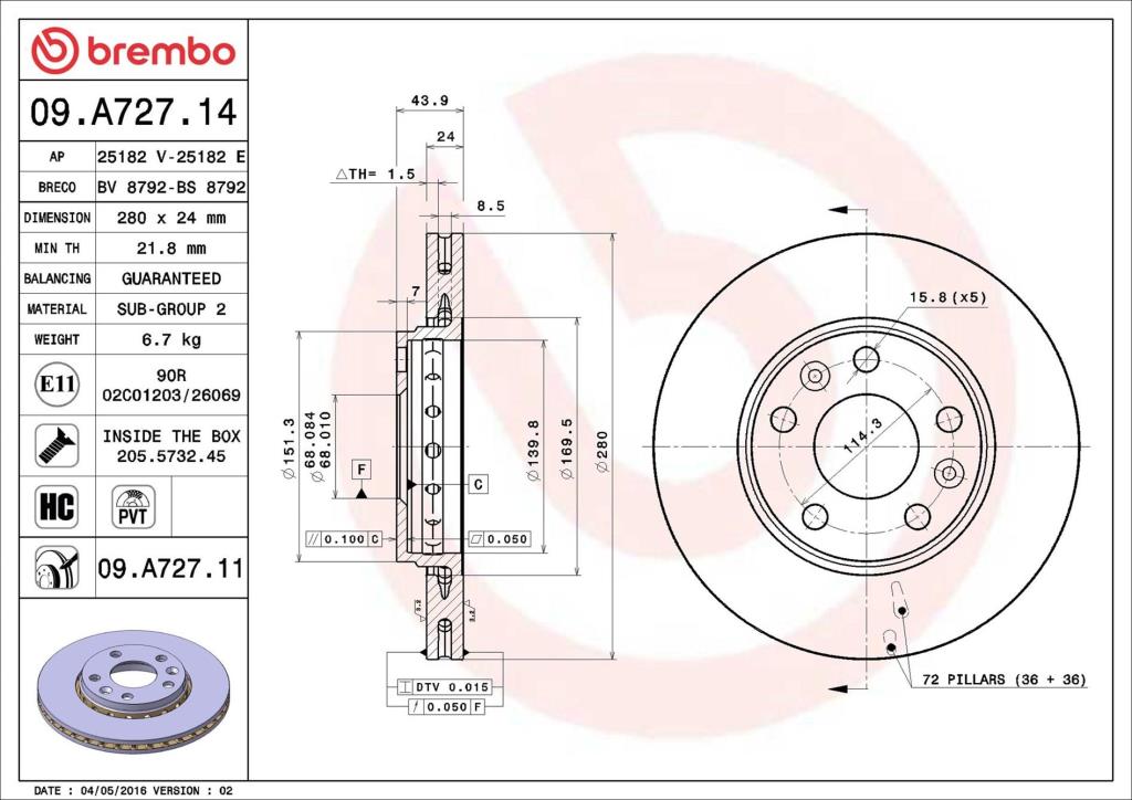 Disques de frein BREMBO ref. 09.A727.14