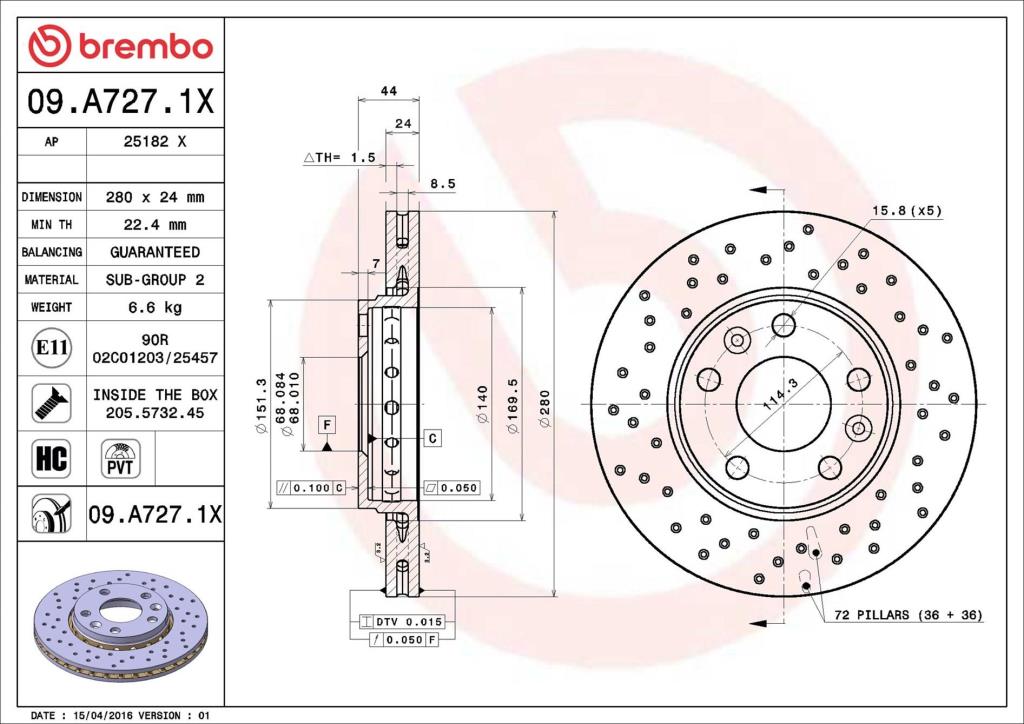 Disques de frein BREMBO ref. 09.A727.1X