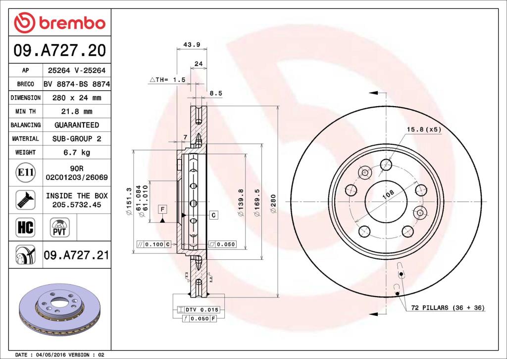 Discos de freno BREMBO ref. 09.A727.21