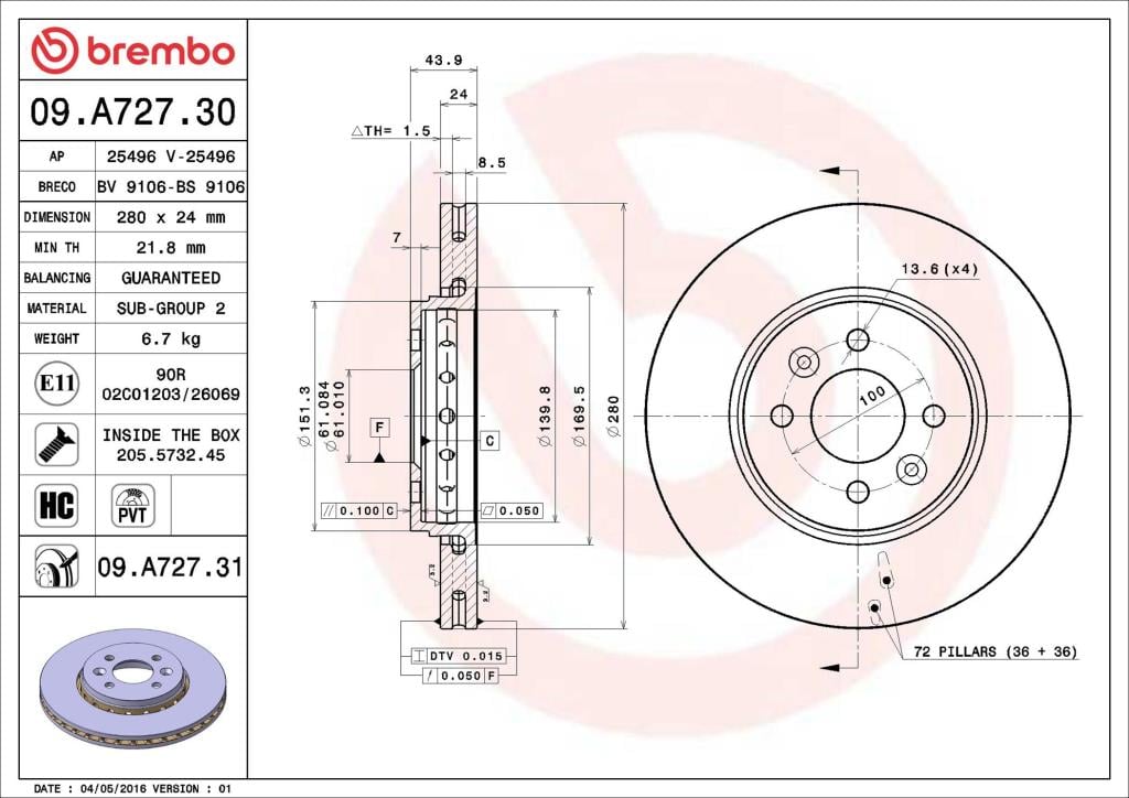 Discos de freno BREMBO ref. 09.A727.31