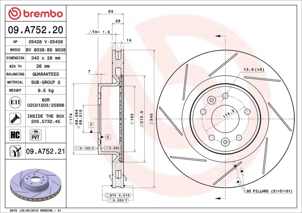 Disques de frein BREMBO ref. 09.A752.21