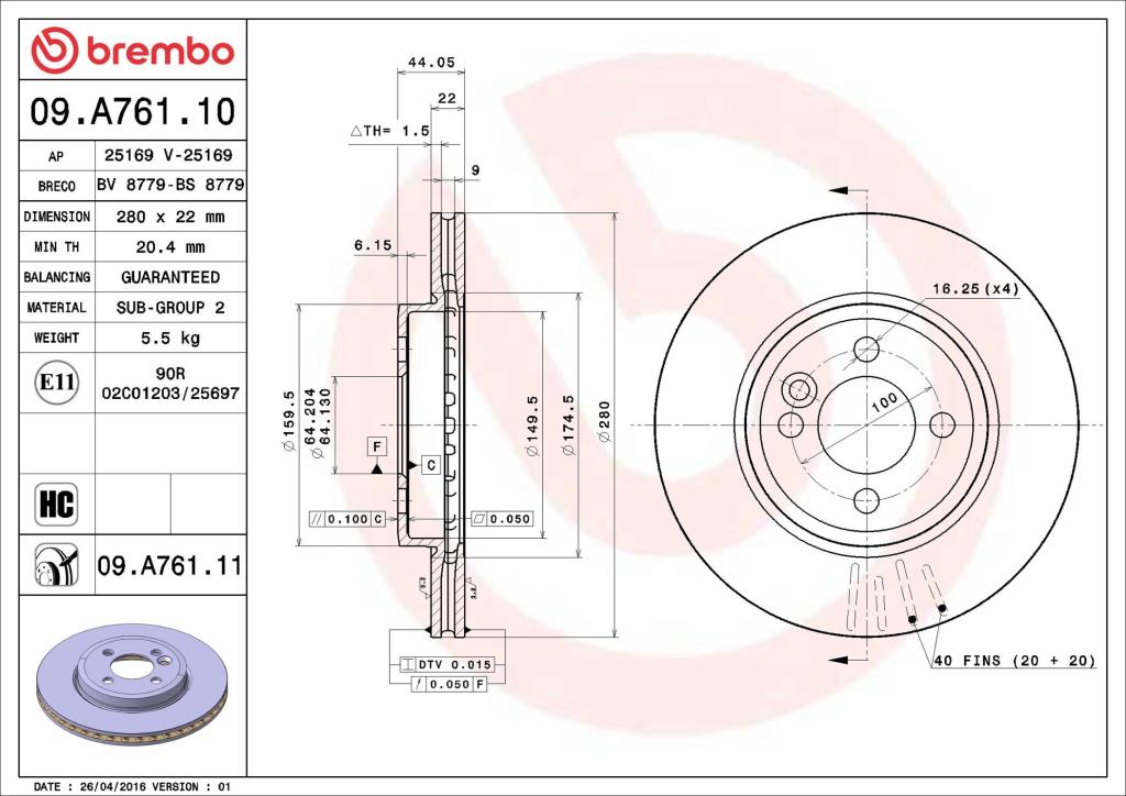 Discos de travão BREMBO ref. 09.A761.11