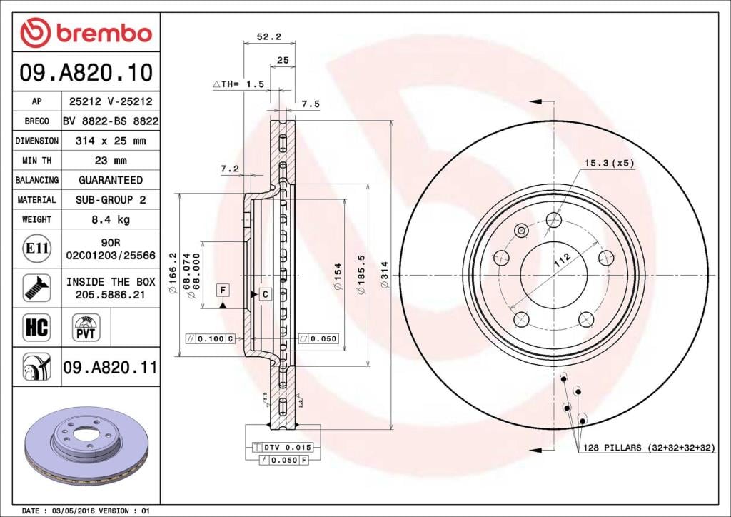 Disques de frein BREMBO ref. 09.A820.11