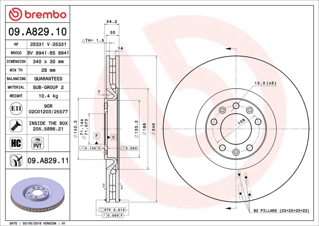 Disques de frein BREMBO ref. 09.A829.11