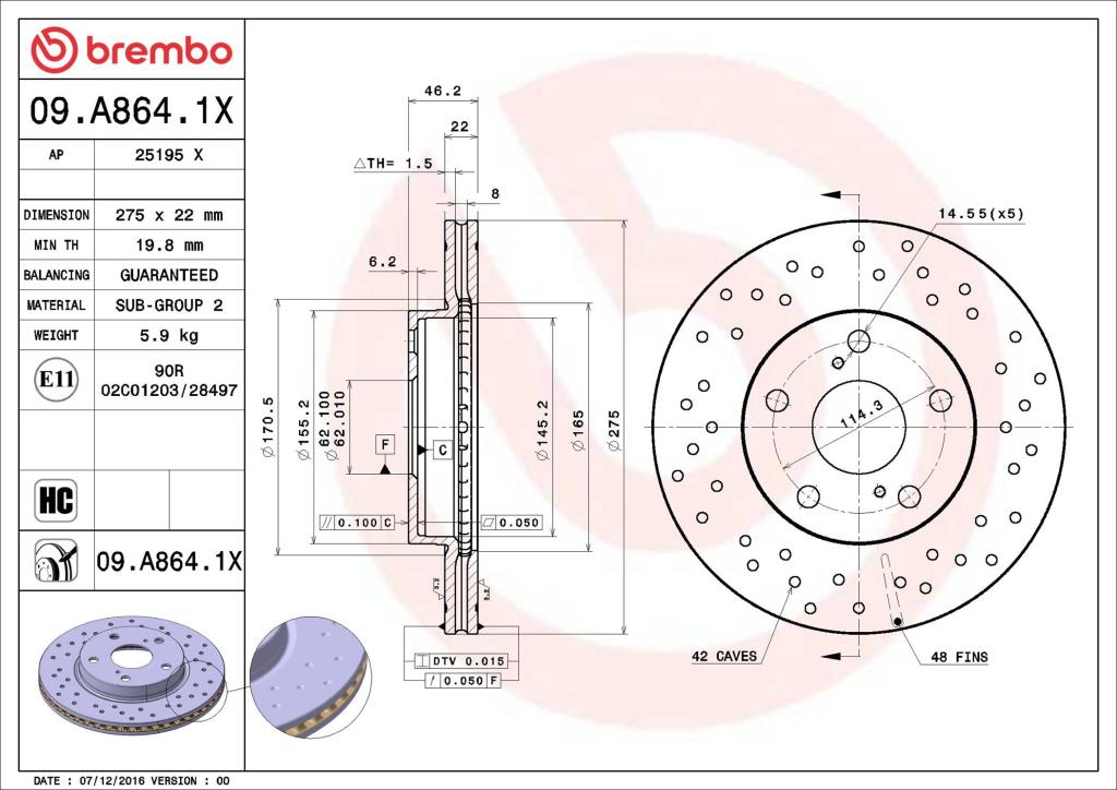 Disques de frein BREMBO 09.A864.1X