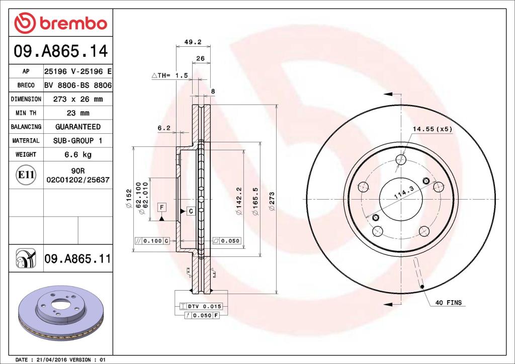 Disques de frein BREMBO 09.A865.11