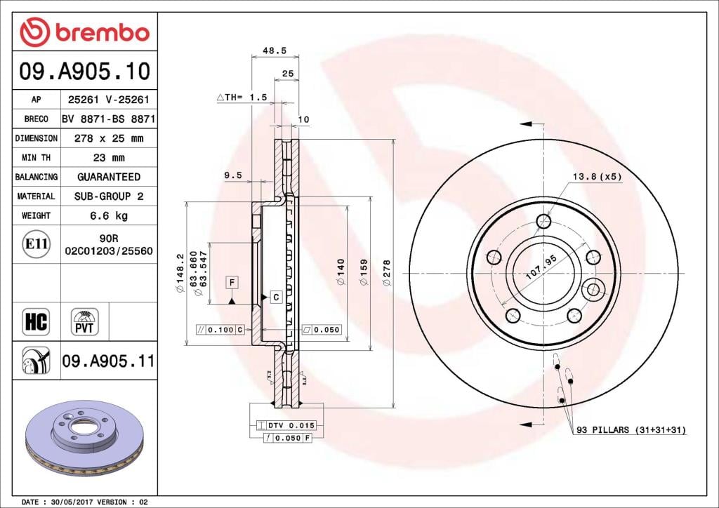 Disques de frein BREMBO ref. 09.A905.11