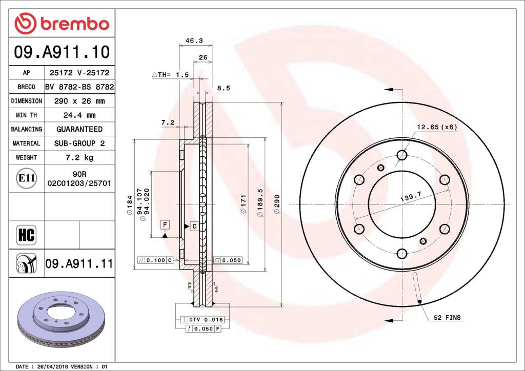 Discos de travão BREMBO 09.A911.11