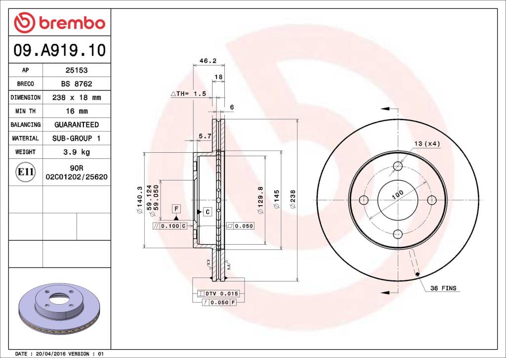 Disques de frein BREMBO ref. 09.A919.10