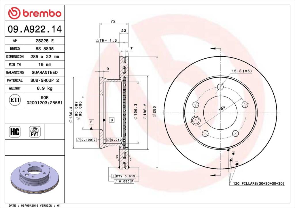 Disques de frein BREMBO 09.A922.14