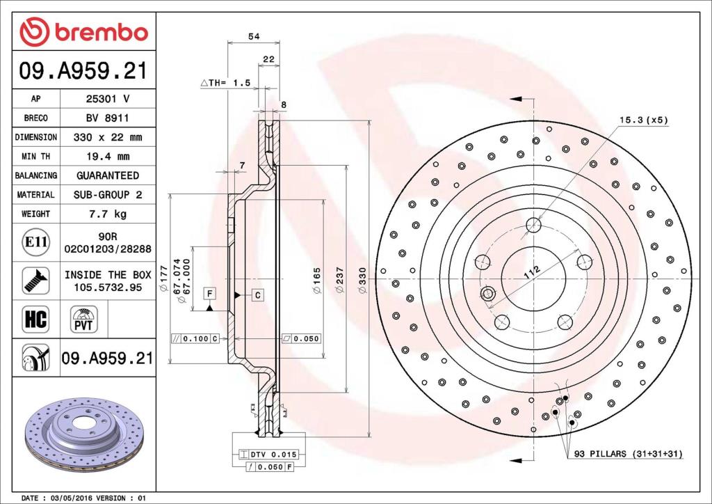 Disques de frein BREMBO ref. 09.A959.21