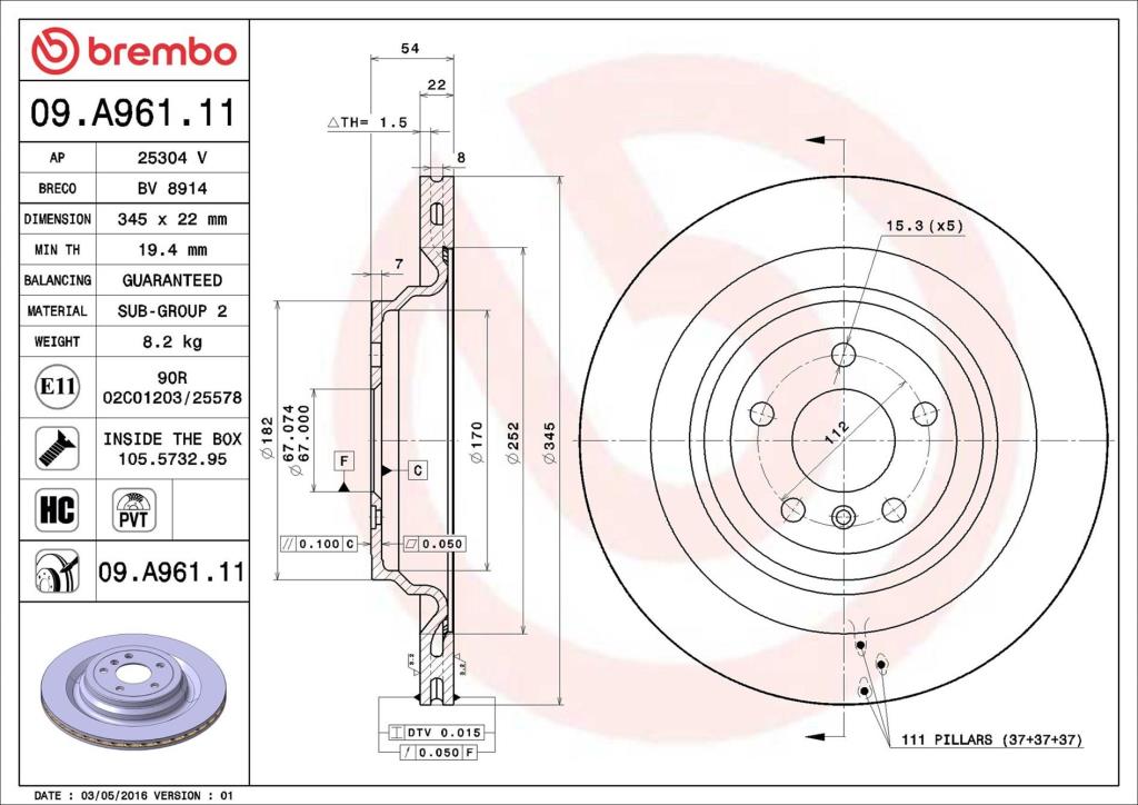 Disques de frein BREMBO ref. 09.A961.11