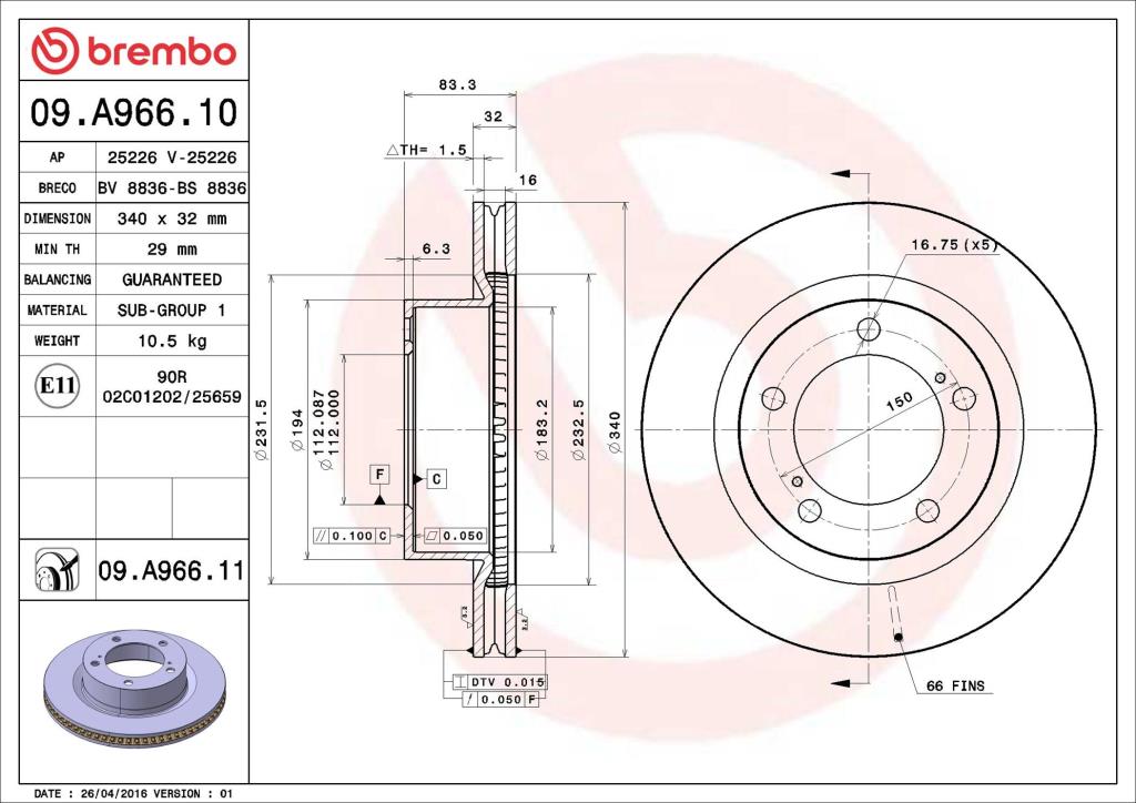 Disques de frein BREMBO 09.A966.11