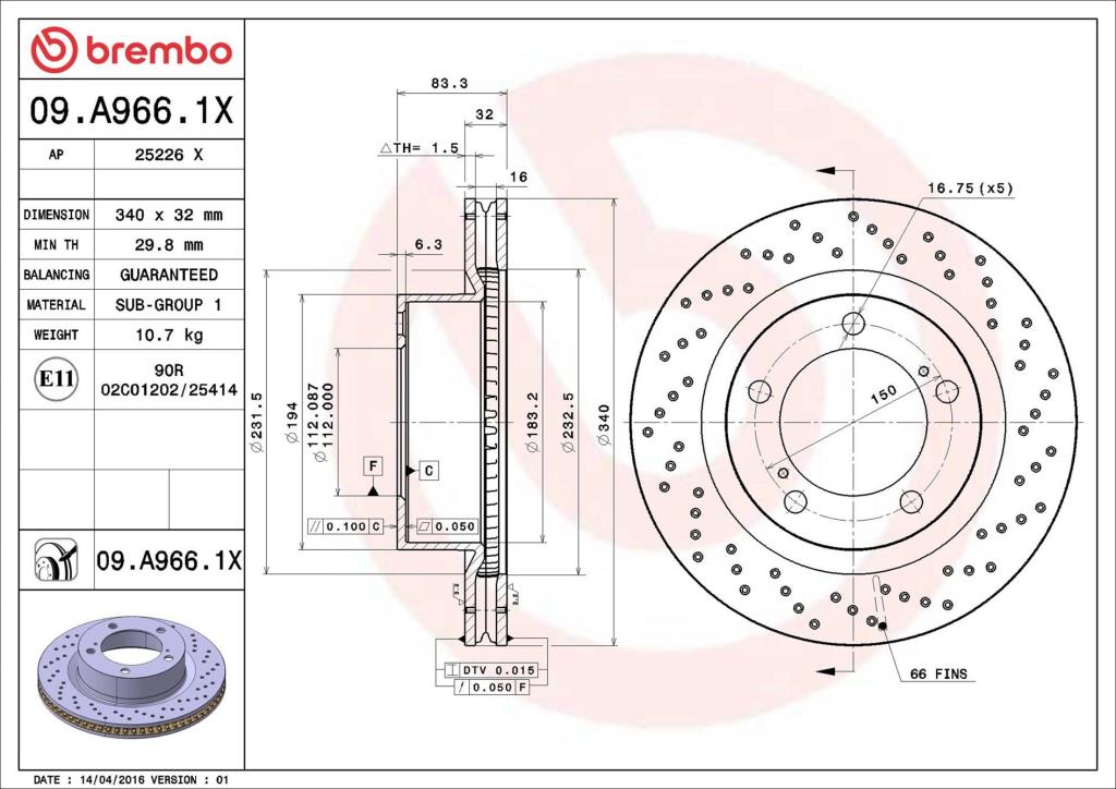 Disques de frein BREMBO 09.A966.1X
