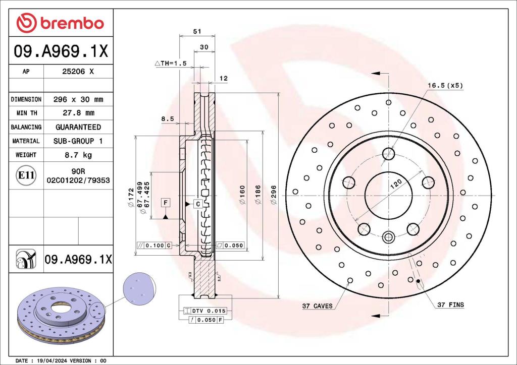Disques de frein BREMBO 09.A969.1X