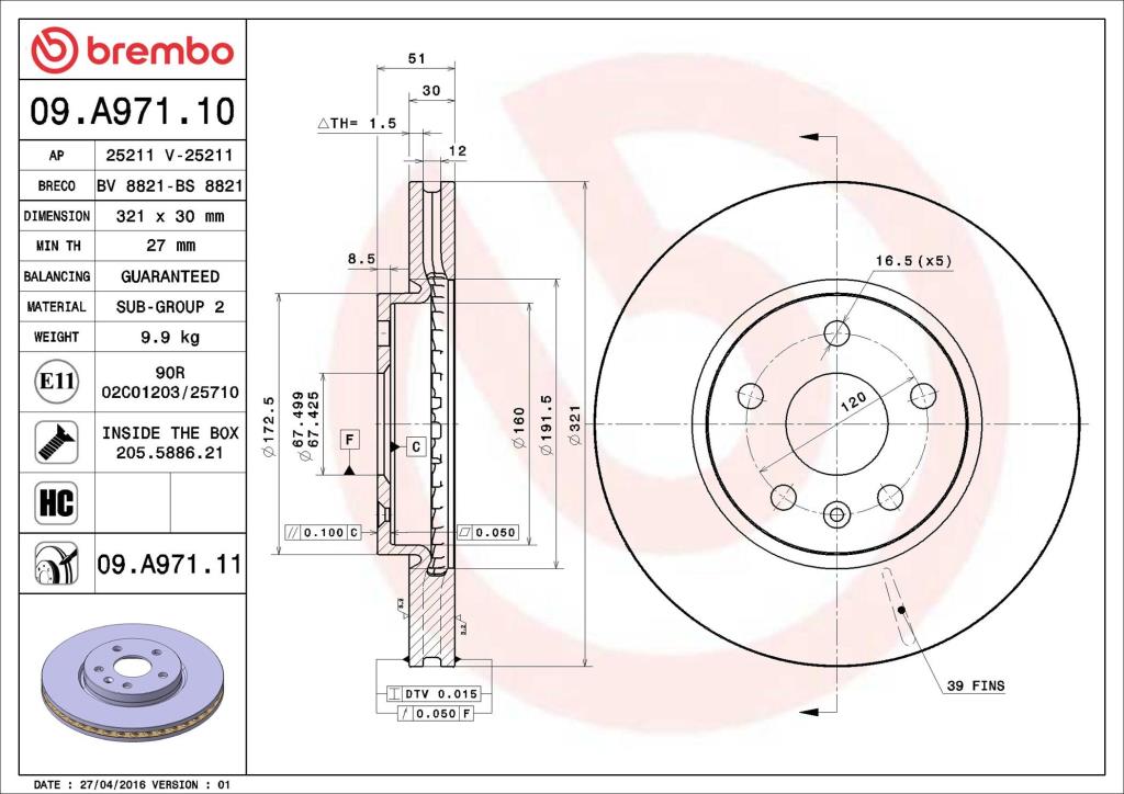 Discos de freno BREMBO ref. 09.A971.11