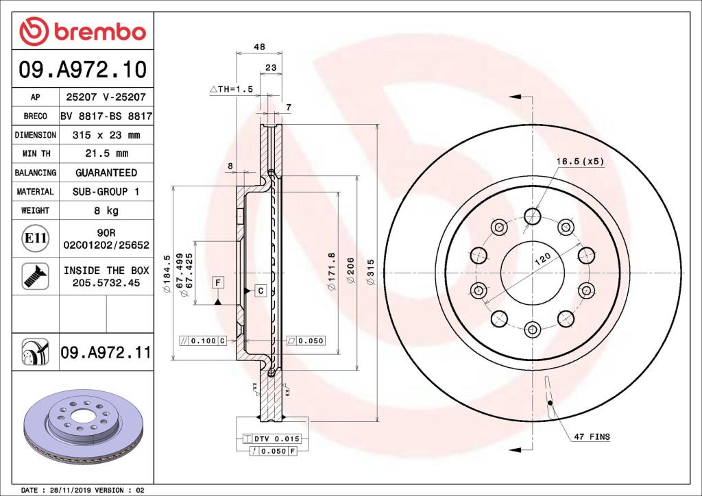 Disques de frein BREMBO 09.A972.11