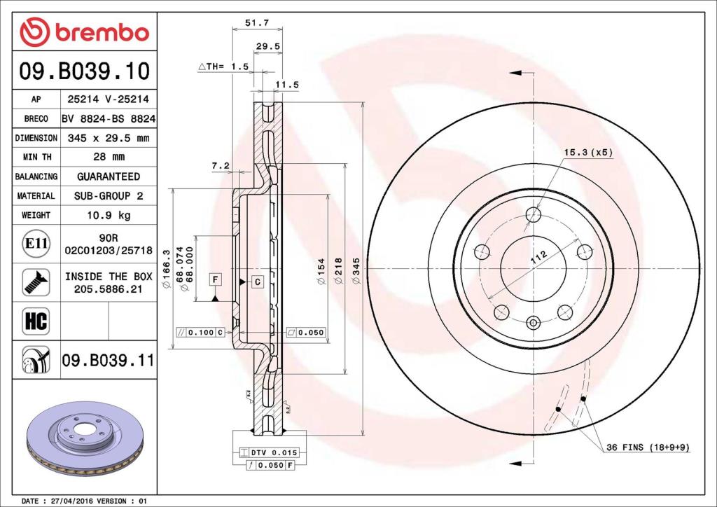 Disques de frein BREMBO 09.B039.11