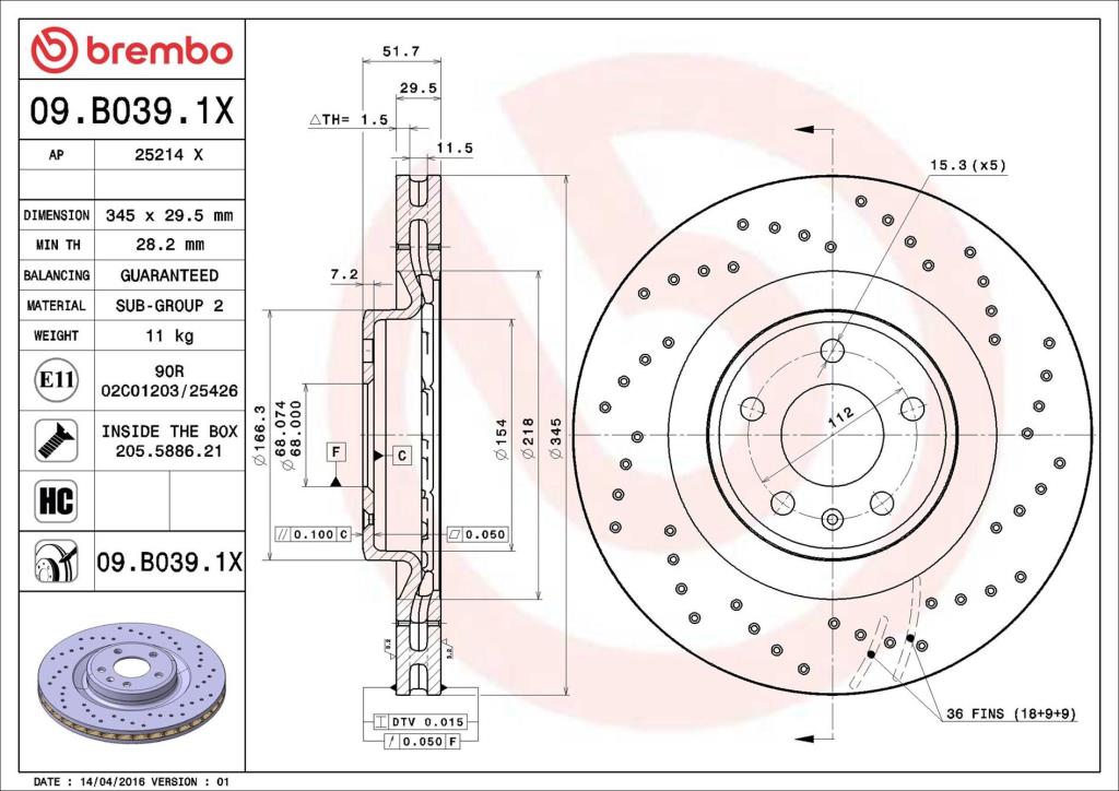 Disques de frein BREMBO ref. 09.B039.1X