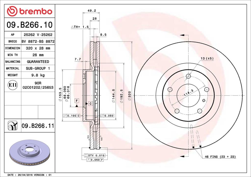 Disques de frein BREMBO ref. 09.B266.11
