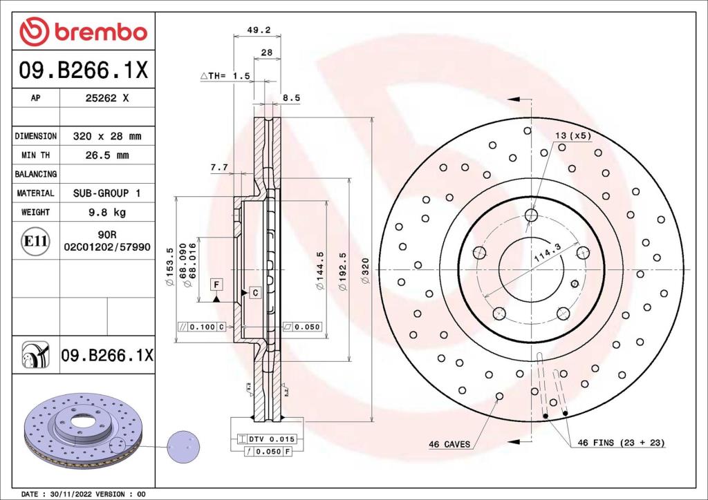 Disques de frein BREMBO ref. 09.B266.1X