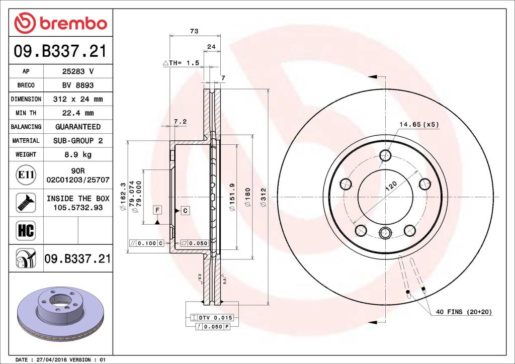 Disques de frein BREMBO ref. 09.B337.21