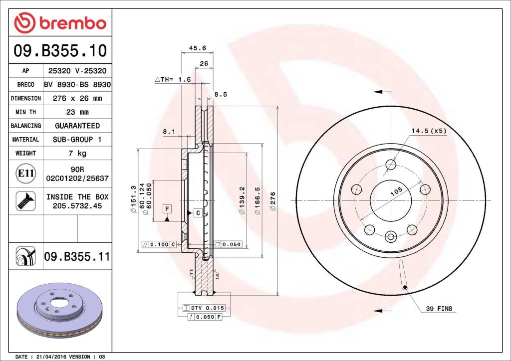 Discos de freno BREMBO ref. 09.B355.11