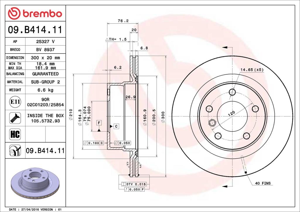 Disques de frein BREMBO ref. 09.B414.11