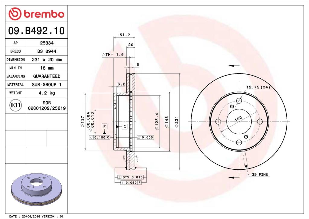 Discos de travão BREMBO 09.B492.10
