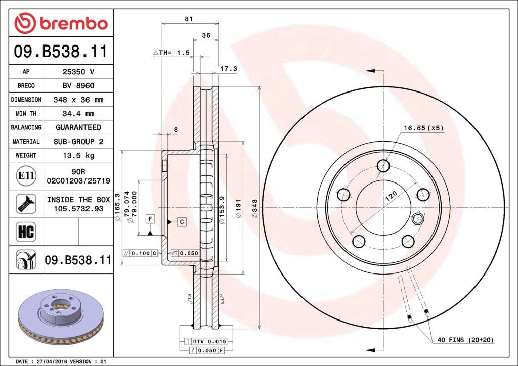 Disques de frein BREMBO ref. 09.B538.11
