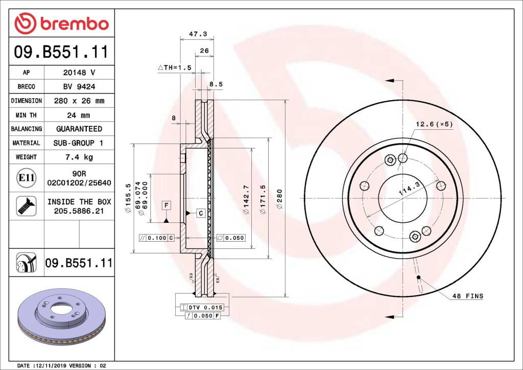 Disques de frein BREMBO ref. 09.B551.11