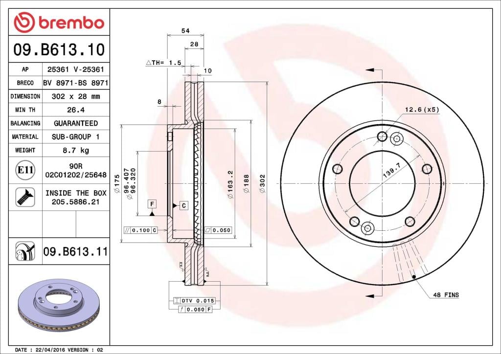 Disques de frein BREMBO ref. 09.B613.11