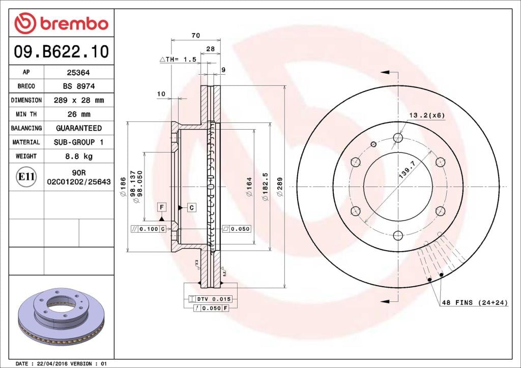 Disques de frein BREMBO 09.B622.10