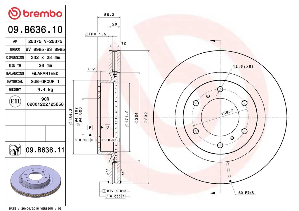 Disques de frein BREMBO ref. 09.B636.11