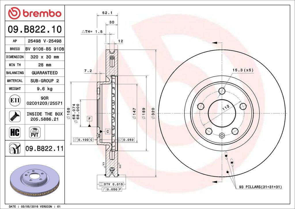 Disques de frein BREMBO ref. 09.B822.11