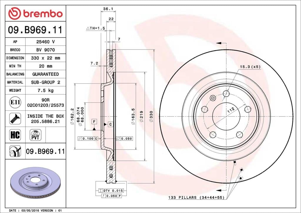 Disques de frein BREMBO ref. 09.B969.11
