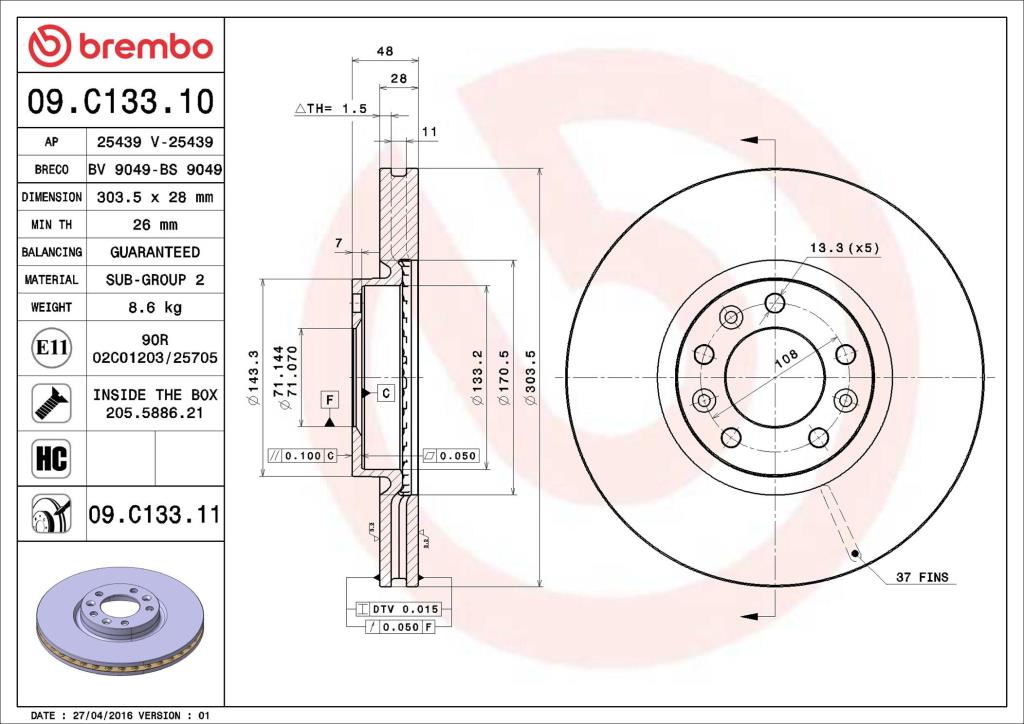 Disques de frein BREMBO ref. 09.C133.11
