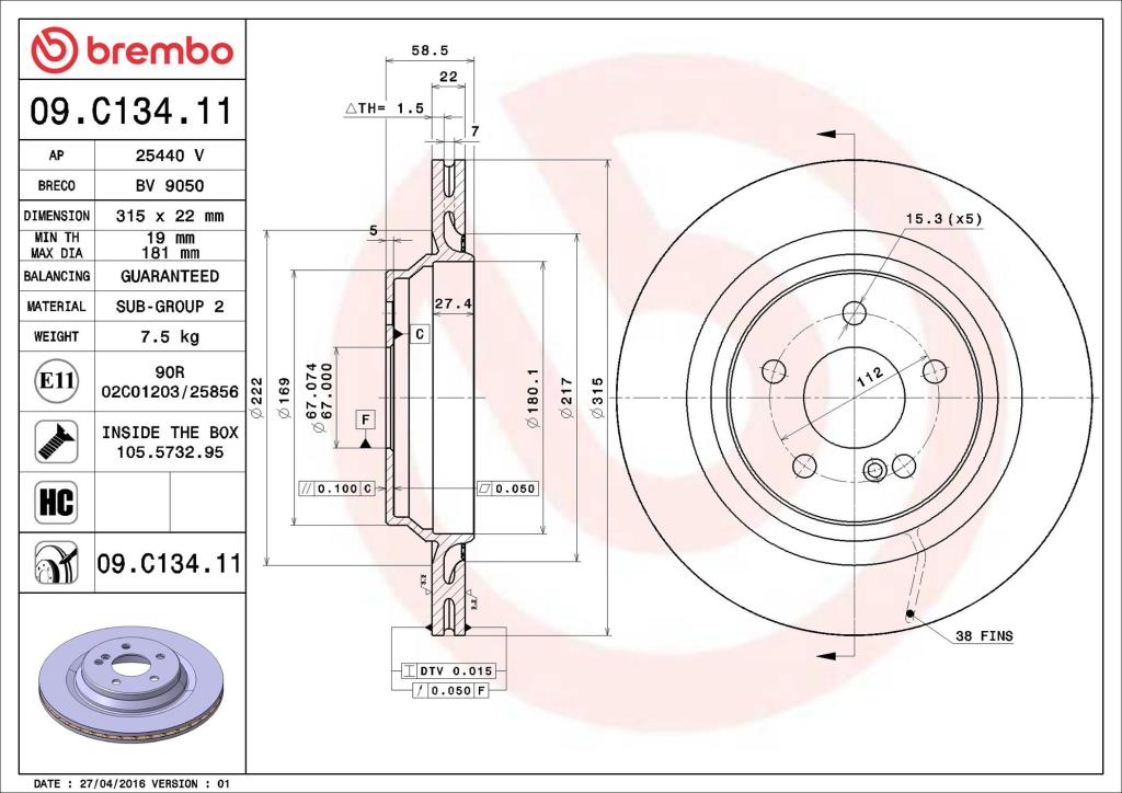 Disques de frein BREMBO ref. 09.C134.11
