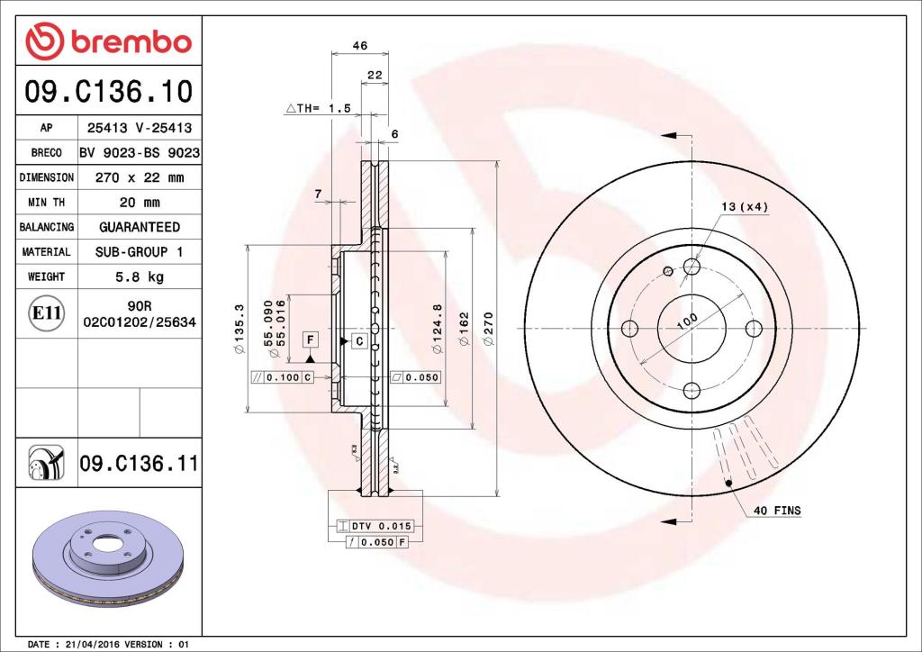 Disques de frein BREMBO ref. 09.C136.11