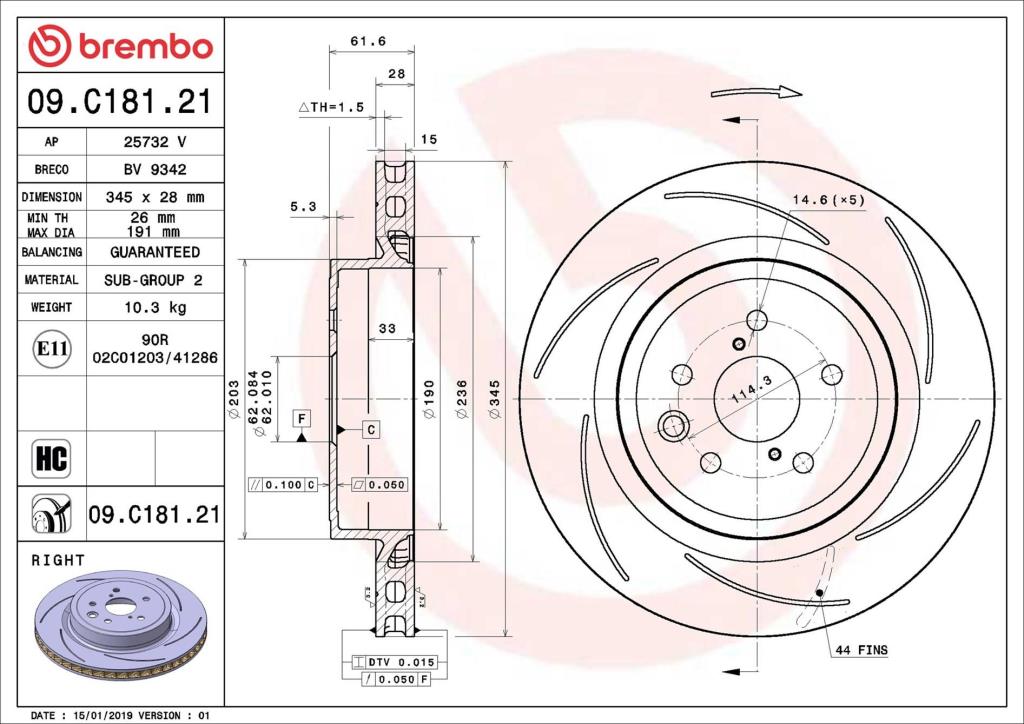 Disco de travão traseiro direito BREMBO ref. 09.C181.21