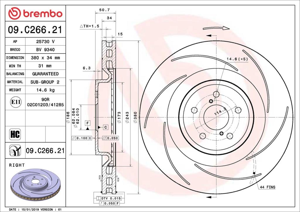 Disco de travão traseiro direito BREMBO ref. 09.C266.21