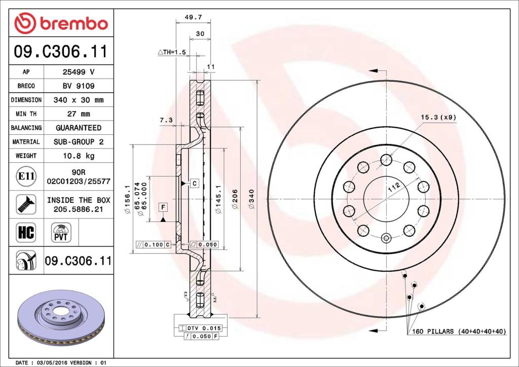 Disques de frein BREMBO ref. 09.C306.11