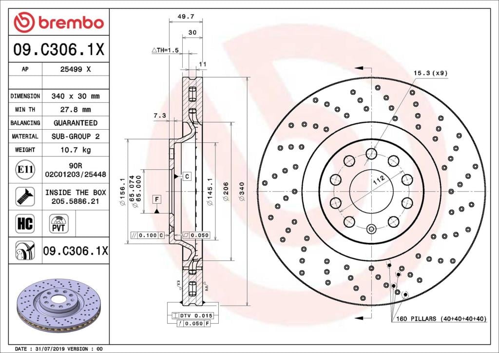 Disques de frein BREMBO ref. 09.C306.1X