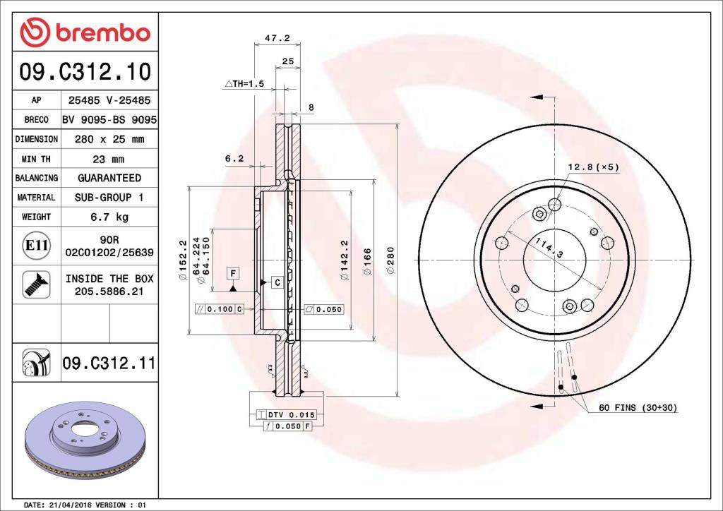 Discos de freno BREMBO ref. 09.C312.11
