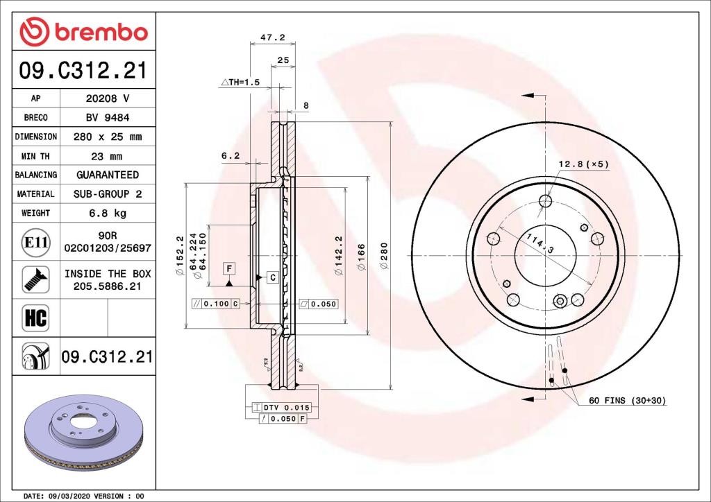Disques de frein BREMBO 09.C312.21